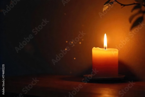 A flickering candle illuminates a dark room, casting dancing shadows on the wall The warm glow creates a cozy and inviting atmosphere, perfect for relaxation or meditation , fire, inner peace