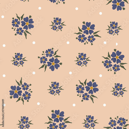 Seamless pattern featuring small clusters of blue flowers with yellow centers and green leaves, scattered on a peach background with white polka dots.