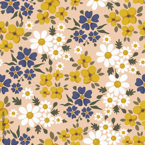 Seamless floral pattern featuring clusters of white daisies, yellow buttercups, and blue forget-me-nots with green leaves on a peach background.