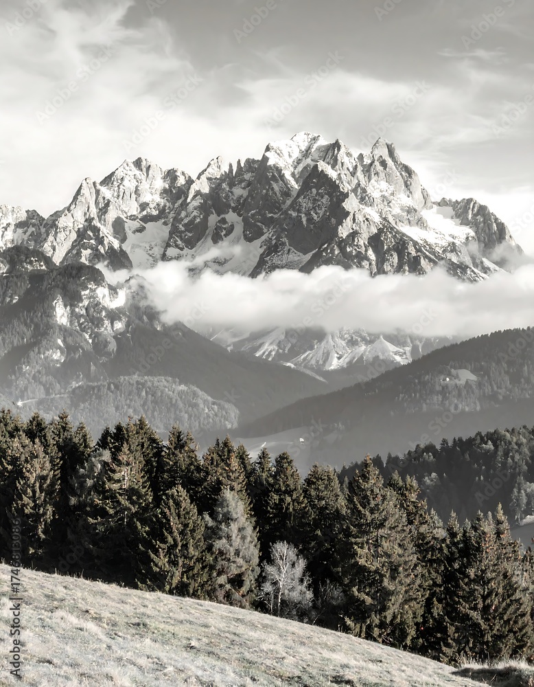 Obraz premium Snowy mountain range with forest