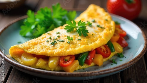 A fluffy, golden-brown omelet brimming with savory cheese and vibrant vegetables, served on a rustic plate with fresh herbs , dairy, cheese