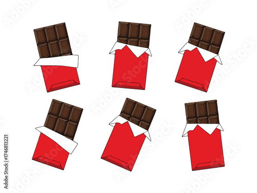 Six dark chocolate bars in red wrappers isolated on white background