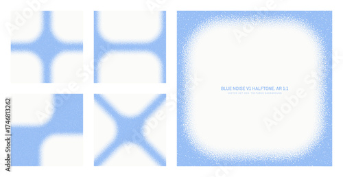 Assorted vector blue noise halftone pattern set in square 1:1 aspect ratio including round vignette frame and various unique textures. Different half tone graphic grainy texture design element bundle