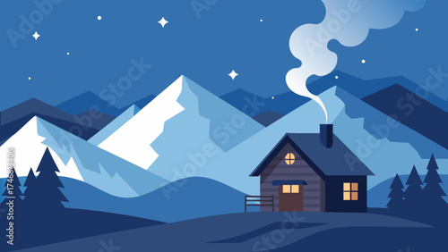 Cozy cabin in snowy mountains with smoke from chimney under starry night sky