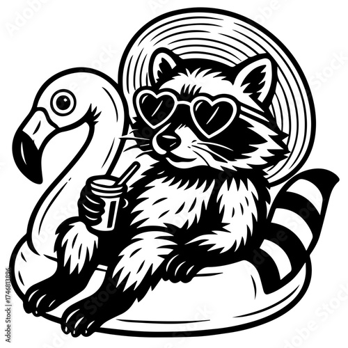 Black and white vector illustration of a raccoon in sunglasses relaxing on a flamingo float with a drink. Funny summer animal art.