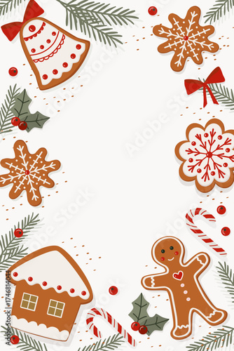 Gingerbread cookies, snowflakes, candy canes, holly leaves, fir branches on white icing. Hand drawn vector background for textsfor texts, greetings, and promotions. Textured holiday frame for cards, i