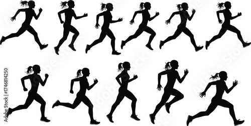 "Running motion sequence silhouette vector illustration showing athletic woman jogging biomechanics, sports training, fitness exercise, animation frames, dynamic movement study"