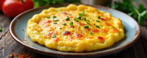 Delicious Golden-Brown Omelette with Cheese and Vegetables, Ready for a Rustic Breakfast