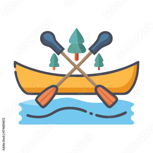 Vector art of a yellow canoe with two crossed wooden paddles, set on blue water with green trees in the background, representing outdoor recreation and adventure