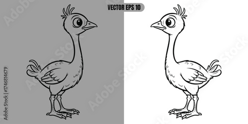 Cute cartoon ostrich chick standing, black and white line drawing.