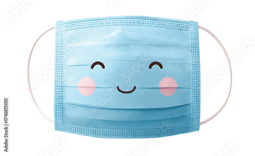 Adorable blue face mask with a sweet smile and rosy cheeks, perfect for health campaigns and promoting safety with a touch of charm and positivity