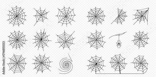 A collection of spiderweb illustrations in various shapes and sizes, isolated on a transparent background.