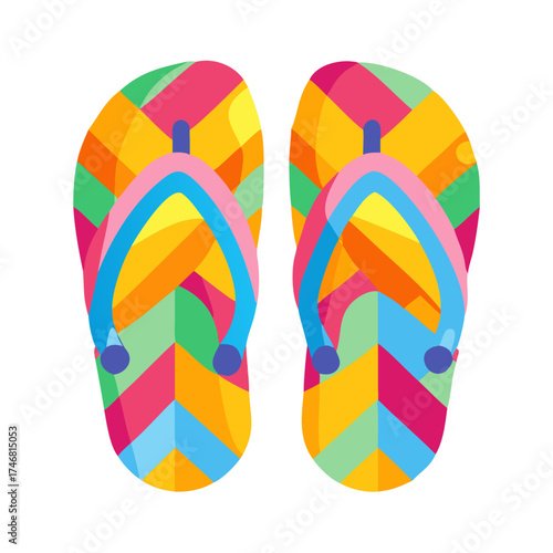 Vector art of a pair of colorful flipflops with a geometric pattern, isolated on a, featuring vibrant shades of pink, orange, yellow, green, and blue