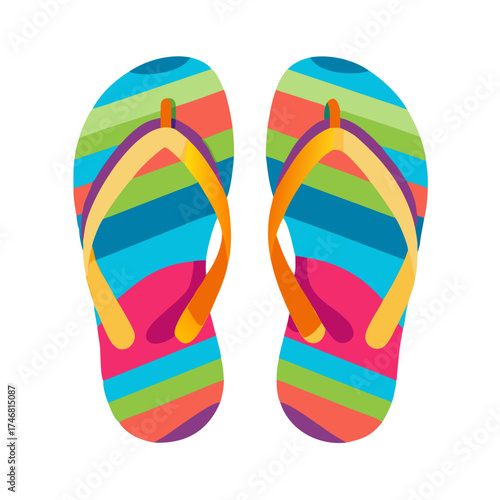 Vector art of a pair of colorful flipflops with rainbow stripes and orange straps, isolated on a, perfect for summer and beach themes