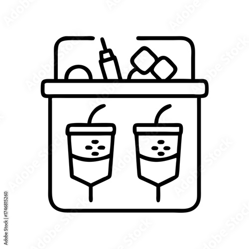 Vector art of a line art icon of an open cooler with ice cubes, a bottle, and two iv bags inside