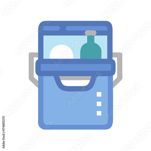 Vector art of a blue cooler with an open lid, showing a bottle and a sphere inside