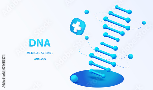 Medical analysis dna banner. Science vector isometric background with DNA genetic molecule code concept.