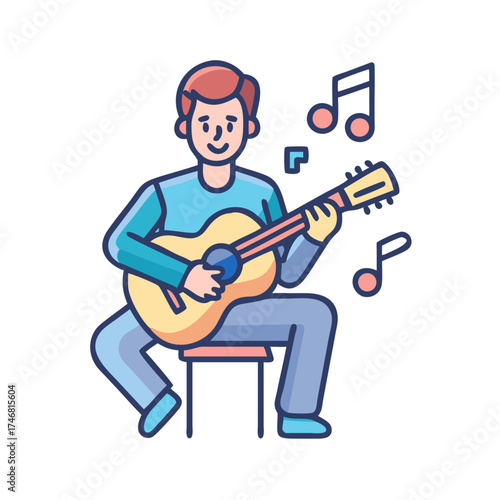 Vector art of a young man sitting on a stool and playing an acoustic guitar with musical notes in the air, isolated on a, representing music and performance