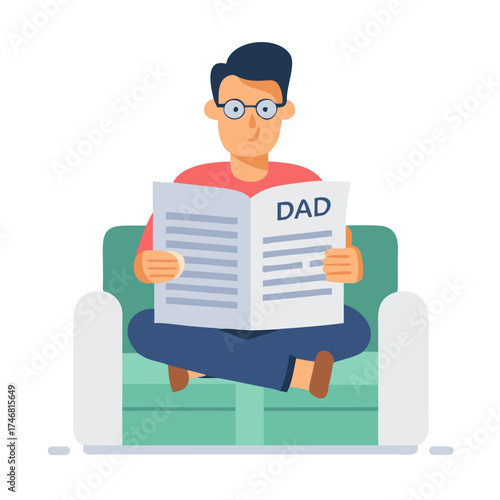 Vector art of man reading a newspaper with dad headline while sitting on a sofa