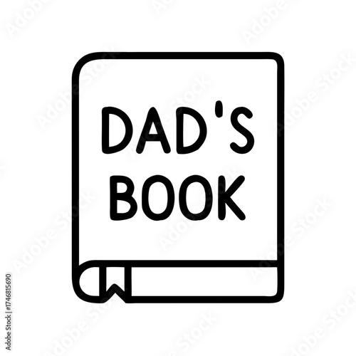 Vector art of a simple line drawing of a book with the text dads book on the cover and a bookmark, presented on a clean, representing fatherhood and reading