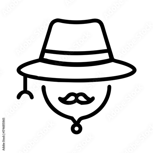 Vector art of minimalist line art icon of a mans face with a fedora hat and mustache