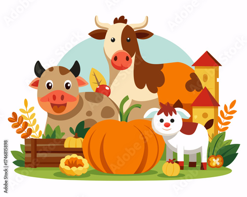 Farm animals set – cow, sheep, chicken, Thanksgiving harvest isolated on white background