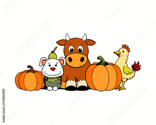 Farm animals set – cow, sheep, chicken, Thanksgiving harvest isolated on white background