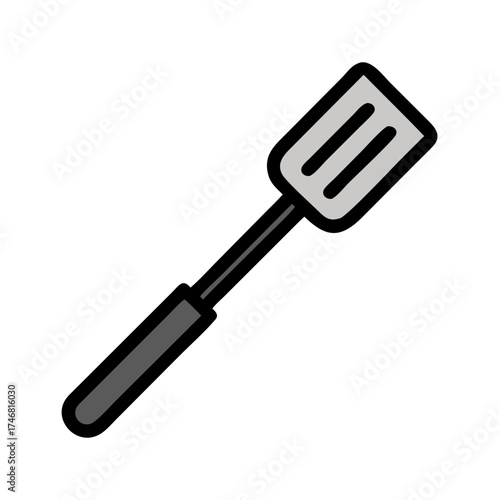 Vector art of a flat design illustration of a metal spatula with a black handle, isolated on a, used for cooking and flipping food