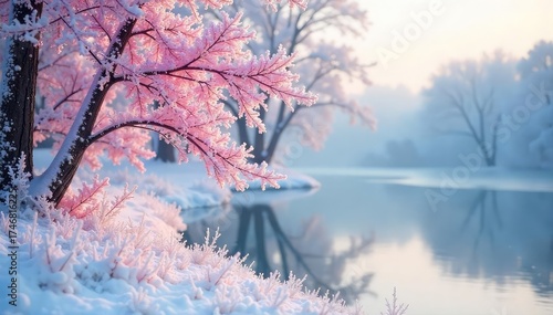 A frosty winter scene featuring a delicate dusting of pink blush on snow-covered branches and a frozen lake, creating a serene and magical atmosphere , ice, winter scene, delicate