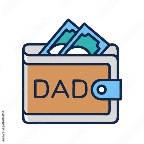 Vector art of stylized illustration of a wallet with the word dad on it, showing cash peeking out, symbolizing fatherhood and financial provision