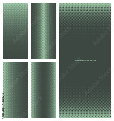 Assorted vector bitmap sage green halftone pattern set in vertical 9:20 aspect ratio including faded frame and various textures. Varied 8bit retro futuristic style textured design elements bundle