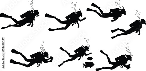 Scuba diver silhouettes underwater with marine life, diving gear vector illustration showing ocean exploration, snorkeling adventure, aquatic sport design