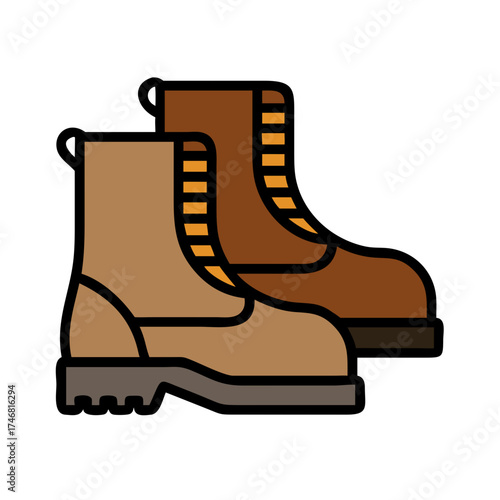 Vector art of a pair of sturdy brown work boots, designed for protection and durability, presented in a clean, graphic illustration style