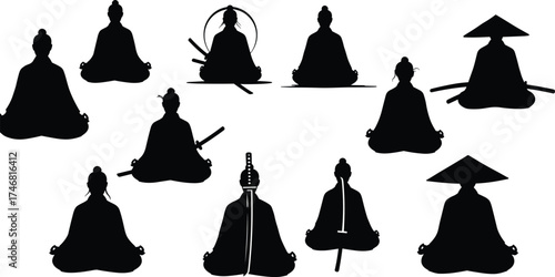 Samurai meditation silhouette vector illustration showing warrior discipline, martial arts harmony, zen mindfulness, seated poses, spiritual balance, traditional Japanese culture"
