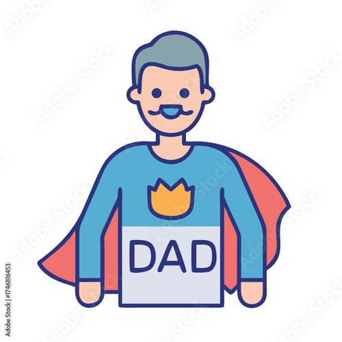 Vector art of an illustration of a father figure with a cape and the word dad on his shirt, depicted as a superhero, isolated on a