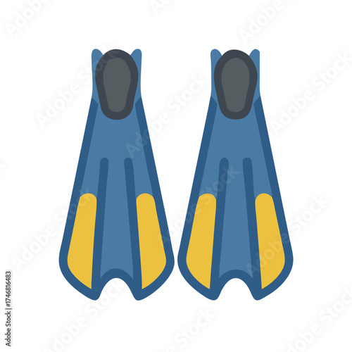 Vector art of pair of blue and yellow diving fins, representing swimming and water sports equipment