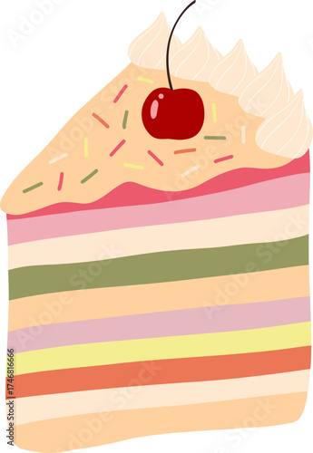 Flat Illustration of Colorful Layer Cake with Cherry on Top