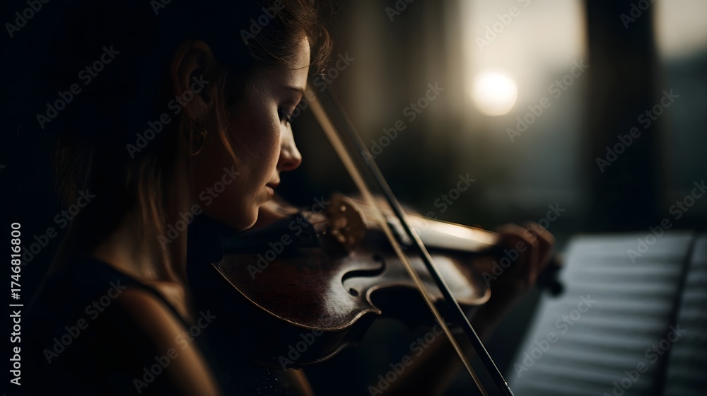 Fototapeta premium Focused violinist playing a string instrument with sheet music in soft natural light