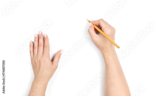 Female hands holding pencil, writing gesture on transparent background. Concept of drawing, education, creativity, and business planning. Isolated cutout for design use.