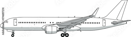 Commercial airplane side view illustration, passenger jet aircraft, detailed vector, isolated white background, aviation design, air travel, transportation graphic, airliner clipart