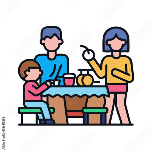 Vector art of a stylized illustration of a family enjoying a meal together at a table, depicted with simple shapes and vibrant colors, representing togetherness and domestic life