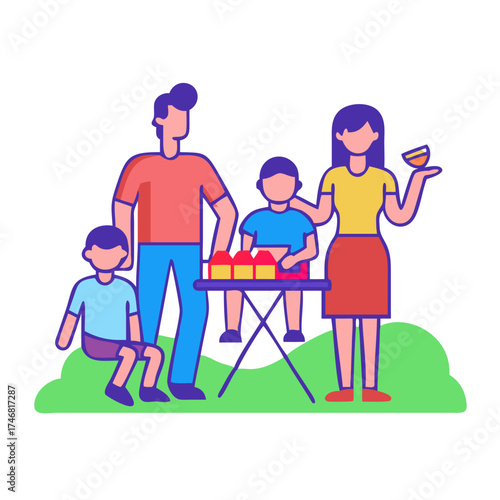 Vector art of a stylized illustration of a family enjoying a meal together at a table, depicted with simple shapes and vibrant colors, representing togetherness and domestic life