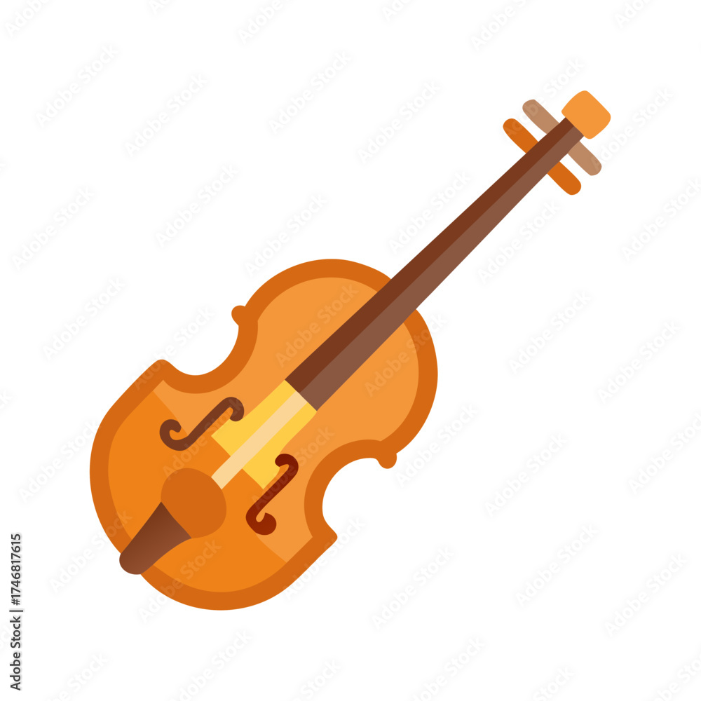 Fototapeta premium Vector art of a stylized illustration of a violin with a bow, isolated on a, showcasing a classic musical instrument with a warm brown body and dark strings, perfect for musicrelated themes