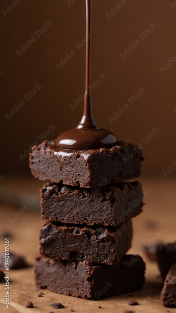 Obraz premium A close-up photograph of a stack of five rich, chocolatey brownies being drizzled with melted chocolate