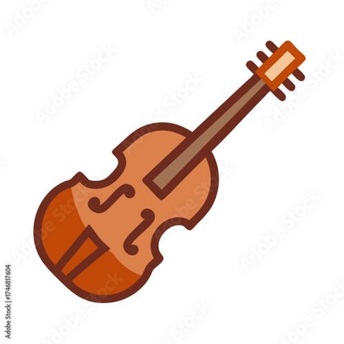 Vector art of a stylized illustration of a violin with a bow, isolated on a, showcasing a classic musical instrument with a warm brown body and dark strings, perfect for musicrelated themes