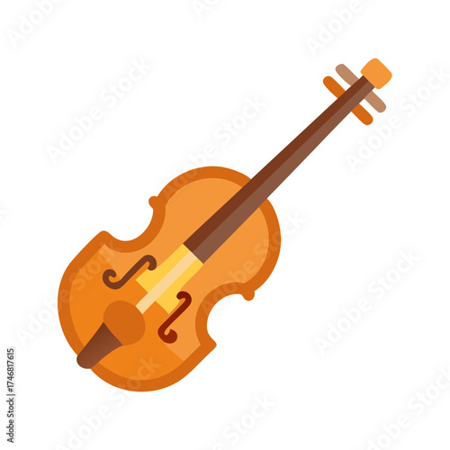 Vector art of a stylized illustration of a violin with a bow, isolated on a, showcasing a classic musical instrument with a warm brown body and dark strings, perfect for musicrelated themes
