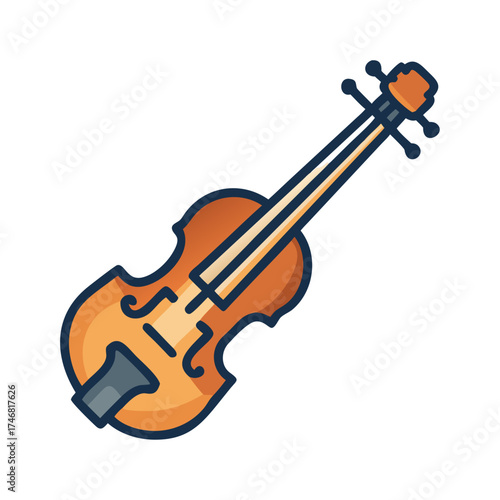 Vector art of a stylized illustration of a violin with a bow, isolated on a, showcasing a classic musical instrument with a warm brown body and dark strings, perfect for musicrelated themes