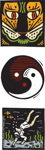Woodcut-style illustration featuring a tiger mask, yin yang symbol, and traditional Ama pearl diver. Inspired by East Asian culture, this design reflects strength, harmony, and cultural heritage.