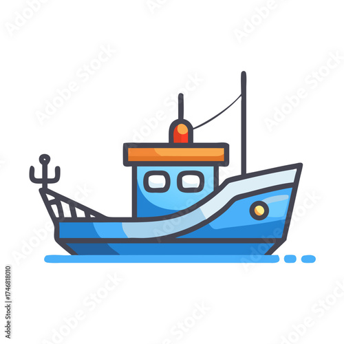 Vector art of a stylized blue fishing trawler boat with an anchor at the stern, depicted in a flat design illustration with a