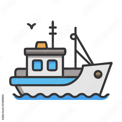 Vector art of a simplified illustration of a grey and blue fishing boat with a bird flying overhead, set against a